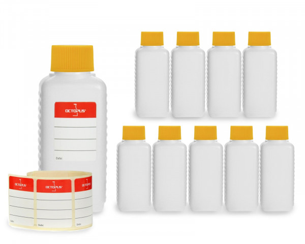 10 x 100 ml HDPE plastic bottles with yellow screw caps