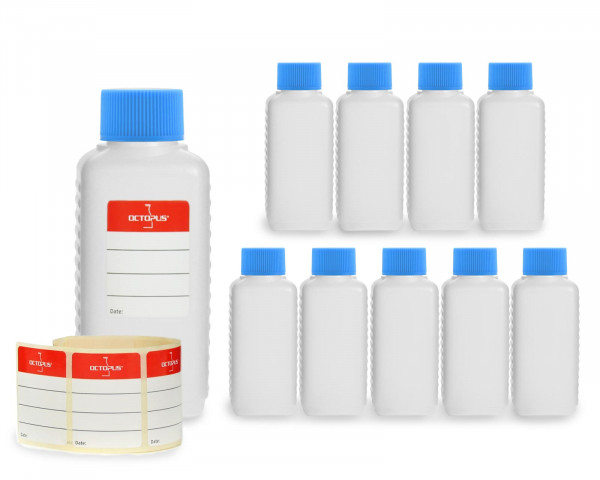 10 x 100 ml Plastikflaschen aus HDPE mit blauen Schraubverschlüssen