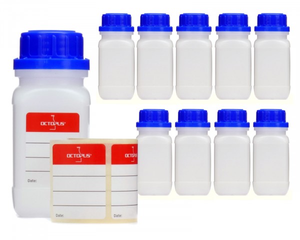 10x 100 ml Wide neck bottle with screw cap, chemical bottle, laboratory bottle HDPE, natural colour