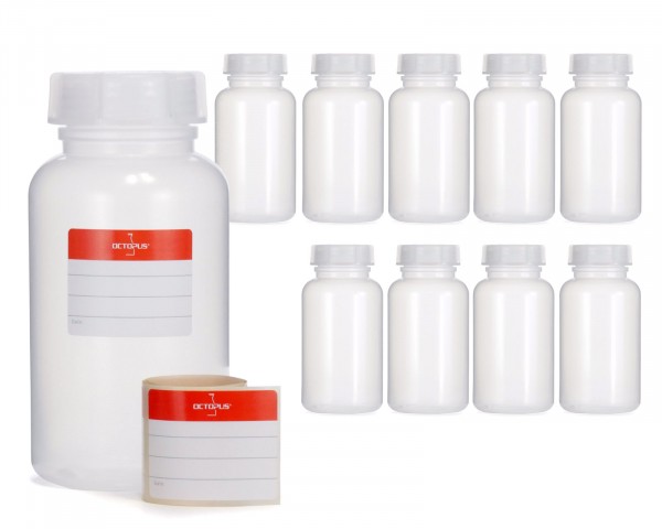 10x 500 ml Wide neck bottle with screw cap, chemical bottle, laboratory bottle LDPE, natural colour