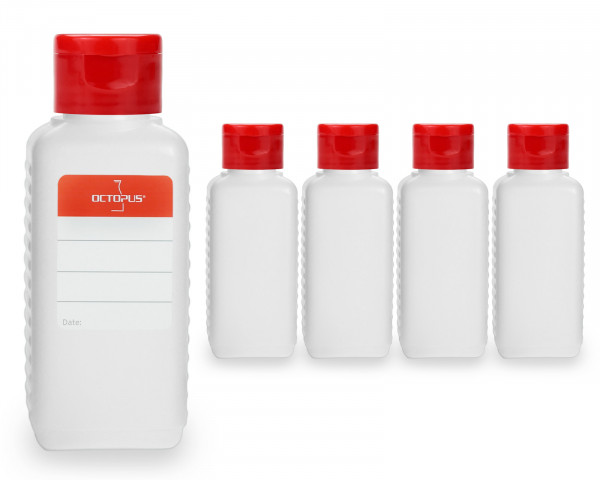 5 x 100 ml HDPE plastic bottles with red turn-up lid caps