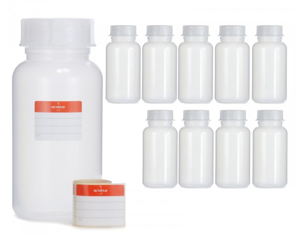 10x 1000 ml Wide neck bottle with screw cap, chemical bottle, laboratory bottle LDPE, natural colour