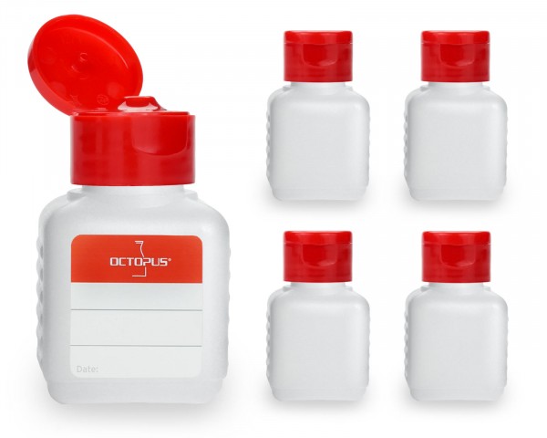 5 Plastikflaschen 50 ml eckig aus HDPE, natur, G25, Klappscharnierverschluss aus PP rot