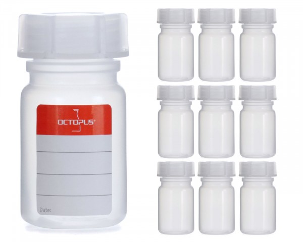 10x 50 ml Wide neck bottle with screw cap, chemical bottle, laboratory bottle LDPE, natural colour