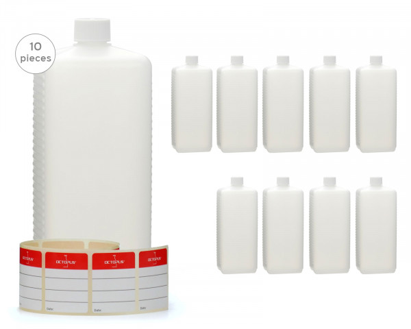 10 x 1000 ml HDPE plastic bottles with white screw caps