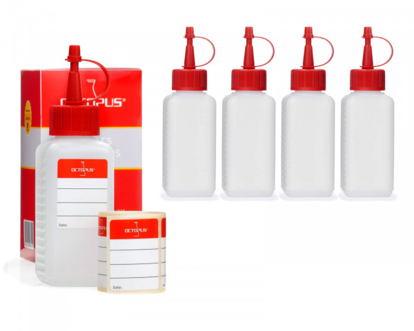 5 x 100 ml HDPE plastic bottles with red dosage caps