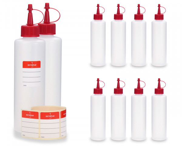 10 x 250 ml Plastikflaschen rund aus HDPE mit roten Spritzverschlüssen