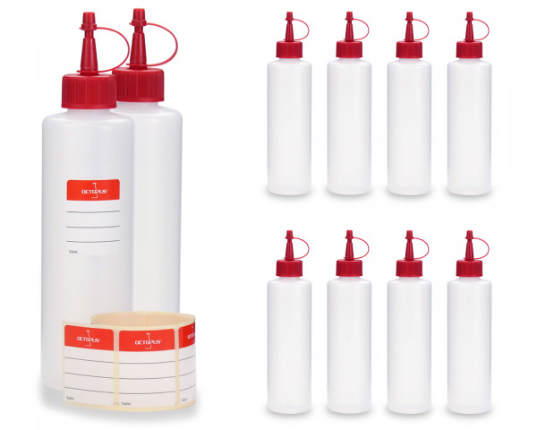 10 x 250 ml round HDPE plastic bottles with red dosage caps