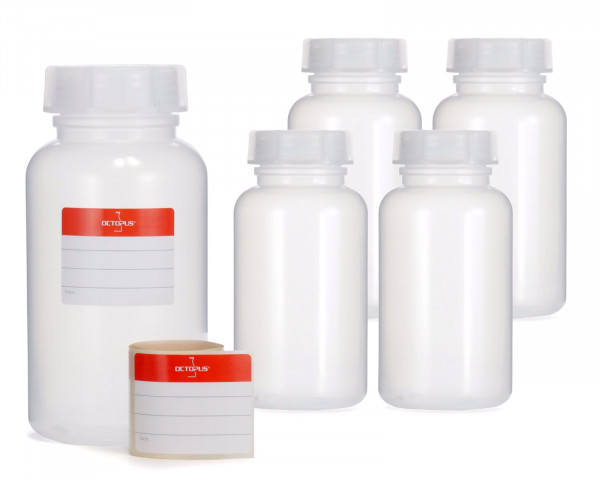 5x 500 ml Wide neck bottle with screw cap, chemical bottle, laboratory bottle LDPE, natural colour