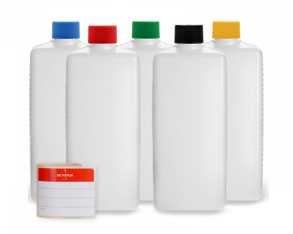 5 Plastikflaschen 500 ml eckig aus HDPE mit farbigen Schraubverschlüssen