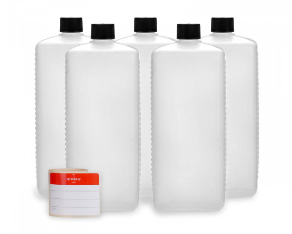 Plastic bottles 1.000 ml, empty, for refill sets, 5 pieces with screw caps