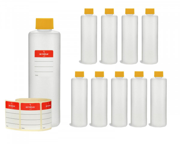 10 x 250 ml runde Plastikflaschen aus HDPE mit gelben Schraubverschlüssen