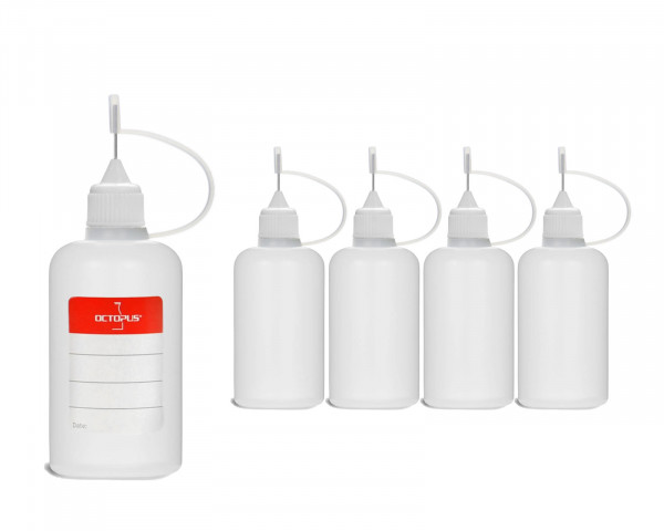 5 plastic bottles 50 ml made of LDPE, G14, dropper cap with needle cap, white