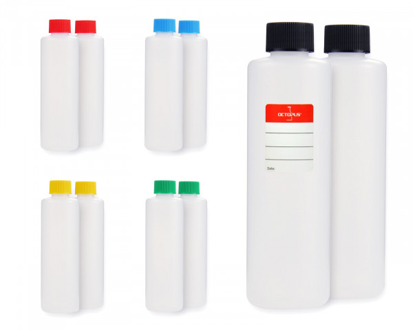 10 x 250 ml runde Plastikflaschen aus HDPE mit bunten Schraubverschlüssen