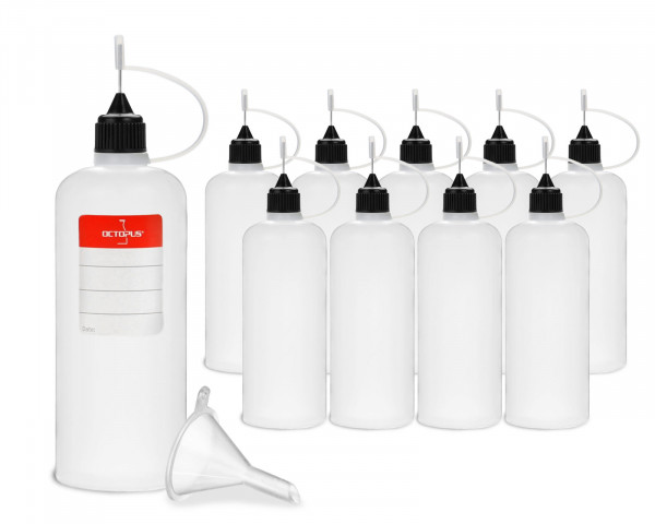 10 plastic bottles 100 ml made of LDPE, G14, drip cap with needle cap, funnel