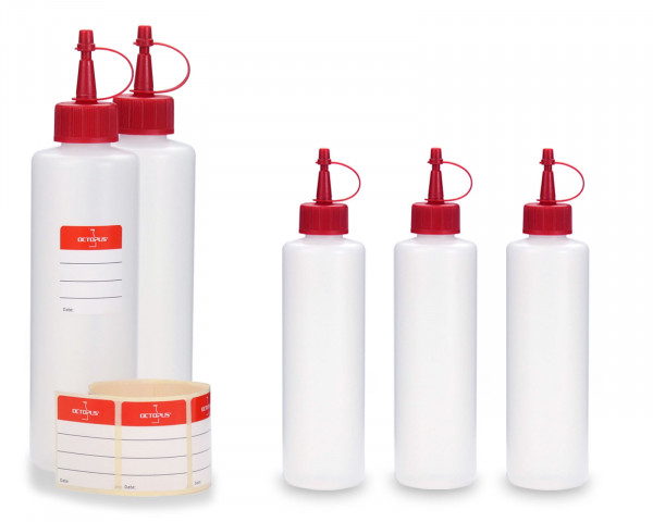 5 x 250 ml round HDPE plastic bottles with red dosage caps