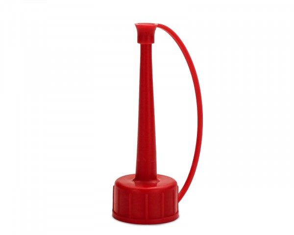 Splash closure, drip cap with inner cone and retaining strap and 65 mm grommet, red, 25 mm thread