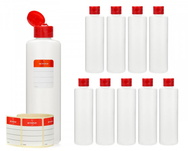 10 x 250 ml round HDPE plastic bottles with red turn-up lid caps