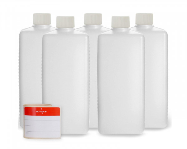 Plastic bottles 500 ml, empty, for refill sets, 5 pieces with screw caps