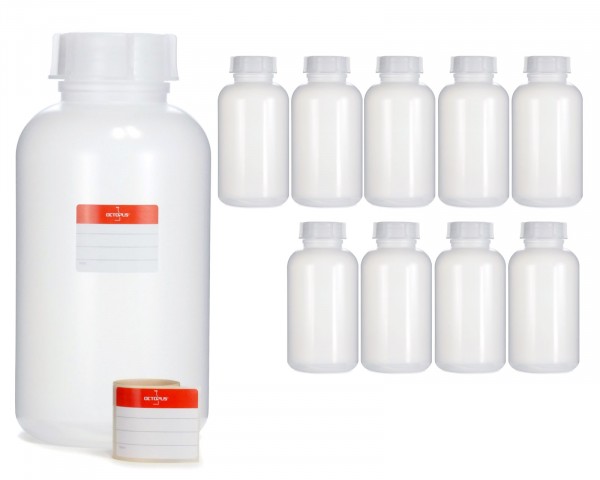 10x 2000 ml Wide neck bottle with screw cap, chemical bottle, laboratory bottle LDPE, natural colour