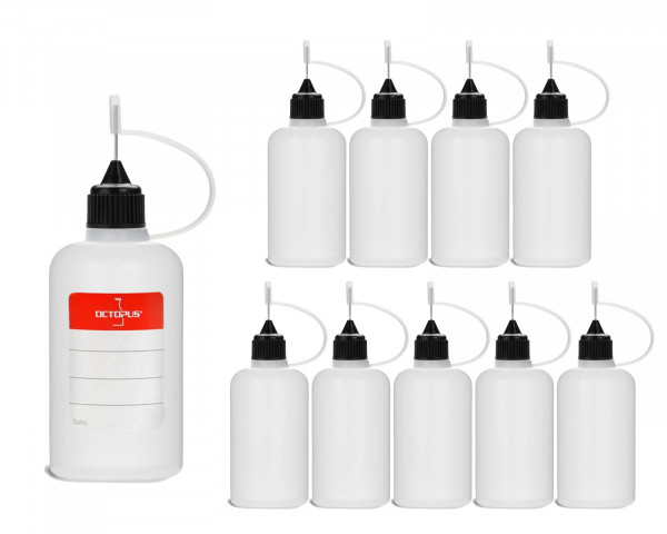 10 Plastikflaschen 50 ml aus LDPE, G14, Tropfverschluss mit Nadelkappe, schwarz