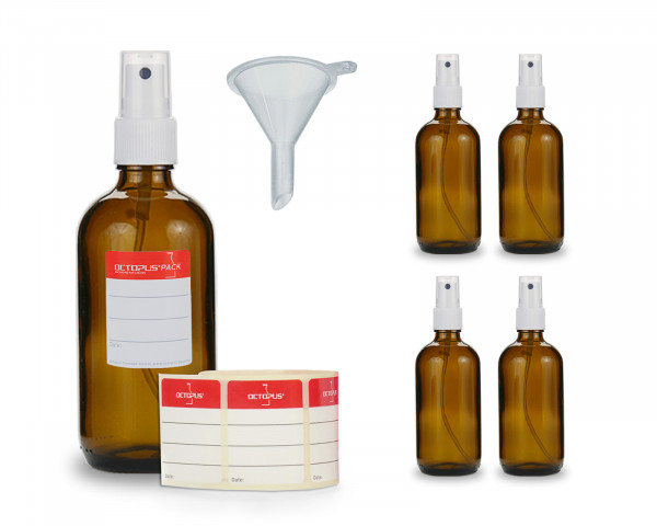 5 x 100 ml Braunglasflaschen mit Fingerzerstäuber + Trichter