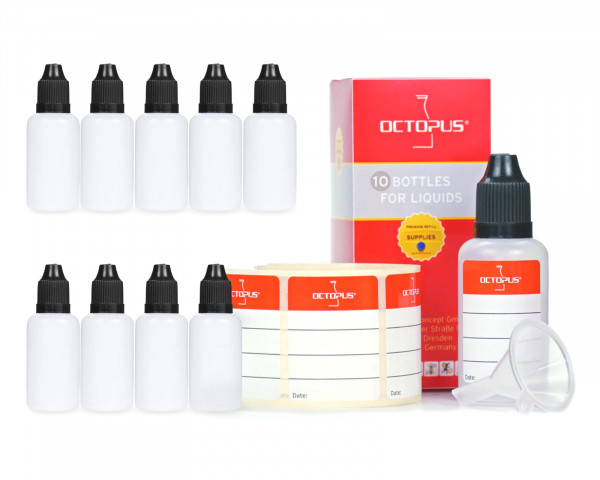 10 x 30 ml LDPE Tropfflaschen mit schwarzen Deckeln + Trichter