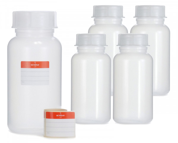 5x 1000 ml Wide neck bottle with screw cap, chemical bottle, laboratory bottle LDPE, natural colour